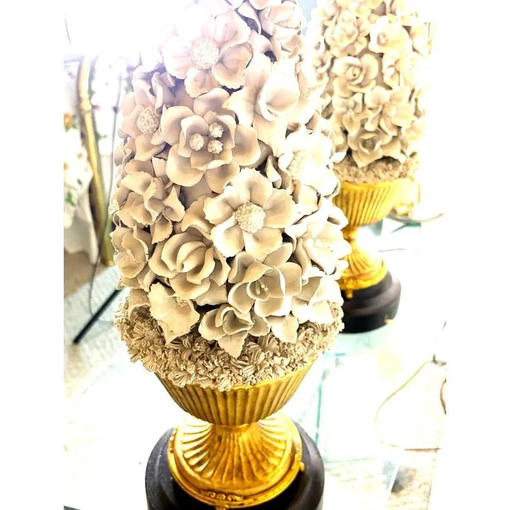 Rare Pair Vintage Porcelain Floral Table Lamps Ceramic‎ Casa Pupo Manises